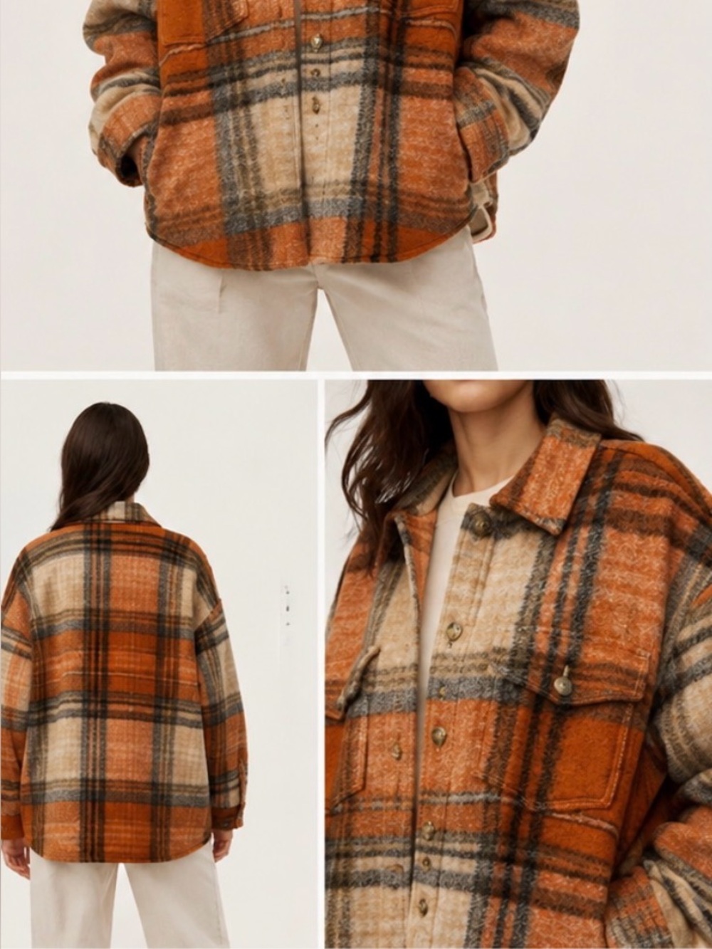 Aritzia GANNA WOOL Orange and Cream Plaid Utility Shacket